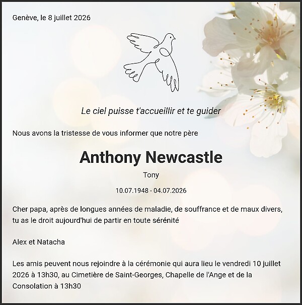 Avis de d&eacute;c&egrave;s de Anthony Newcastle