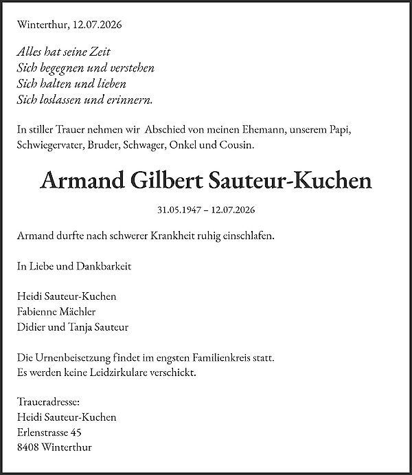 Avis de d&eacute;c&egrave;s de Armand Gilbert Sauteur-Kuchen, Winterthur