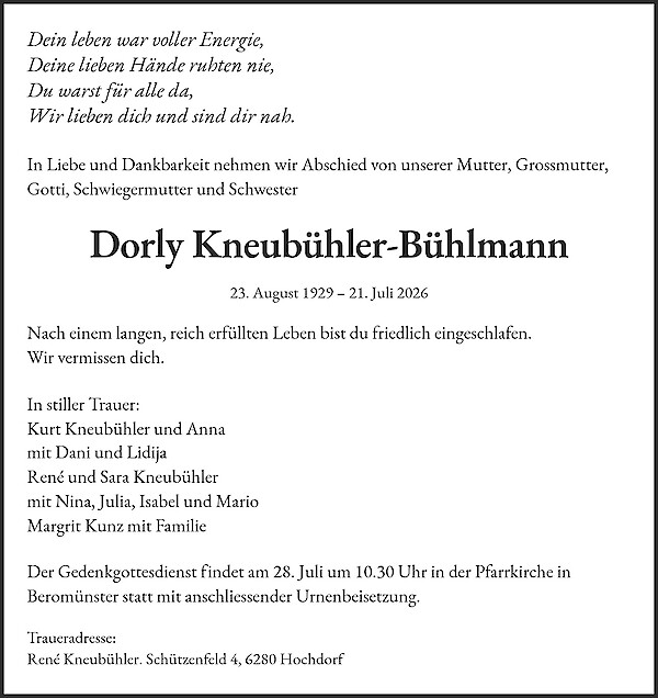 Todesanzeige von Dorly Kneub&uuml;hler-B&uuml;hlmann