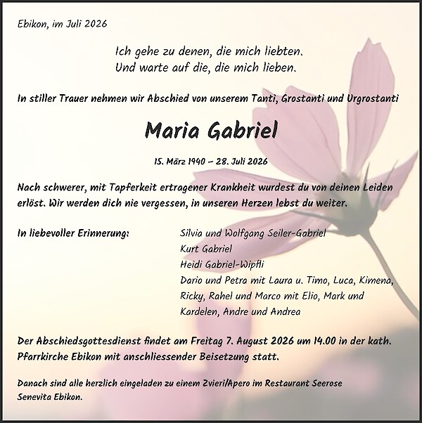 Avis de d&eacute;c&egrave;s de Maria Gabriel