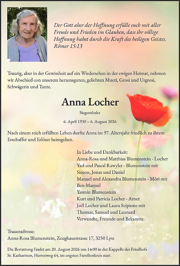 Avis de d&eacute;c&egrave;s de Anna Locher
