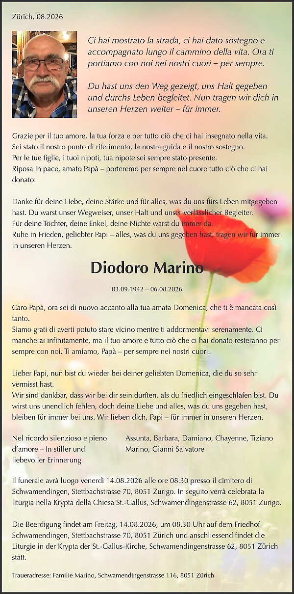 Avis de d&eacute;c&egrave;s de Diodoro Marino, Schwamendingenstrasse 116