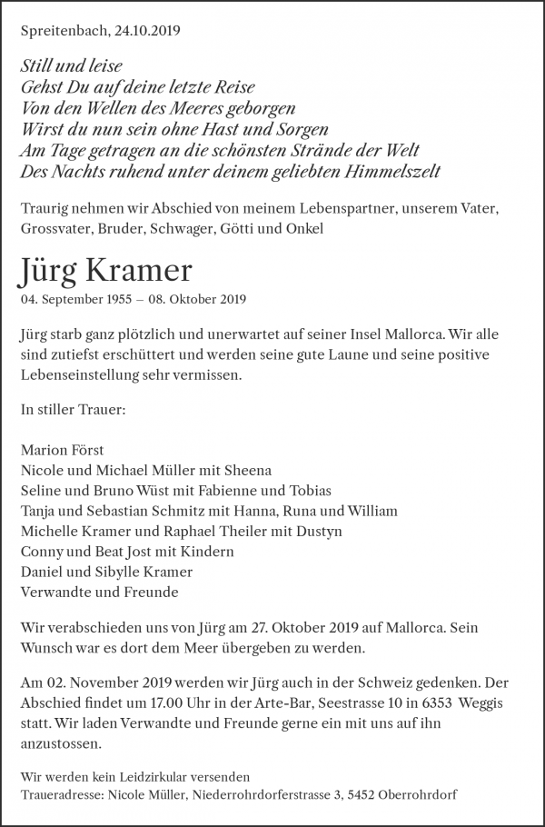 Todesanzeige von Jürg Kramer, Spreitenbach