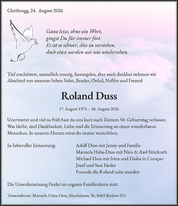 Avis de d&eacute;c&egrave;s de Roland Duss, Glattbrugg