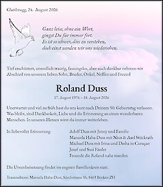 Avis de d&eacute;c&egrave;s Roland Duss, Glattbrugg
