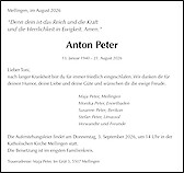 Avis de d&eacute;c&egrave;s Anton Peter, Mellingen (AG)