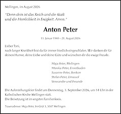 Avis de d&eacute;c&egrave;s Anton Peter, Mellingen (AG)