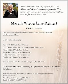 Avis de d&eacute;c&egrave;s Mareili Wiederkehr-Reinert