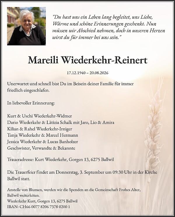 Avis de d&eacute;c&egrave;s de Mareili Wiederkehr-Reinert