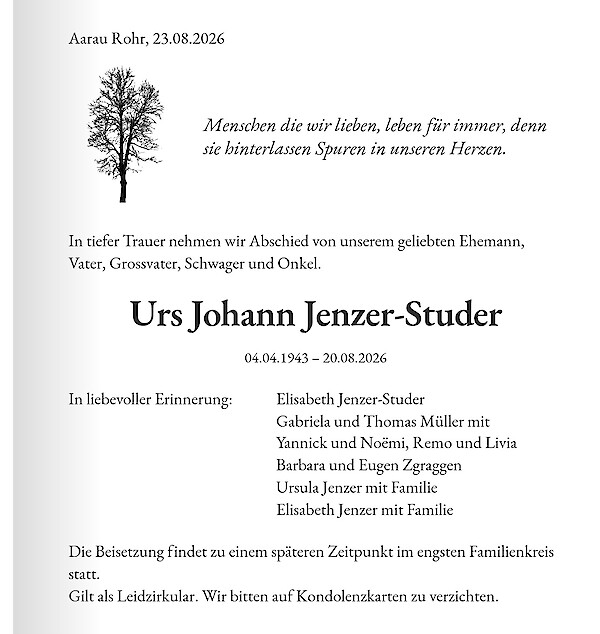 Avis de d&eacute;c&egrave;s de Urs Johann Jenzer-Studer