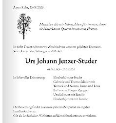 Avis de d&eacute;c&egrave;s Urs Johann Jenzer-Studer