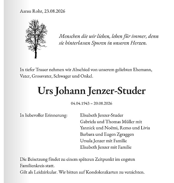 Avis de d&eacute;c&egrave;s de Urs Johann Jenzer-Studer