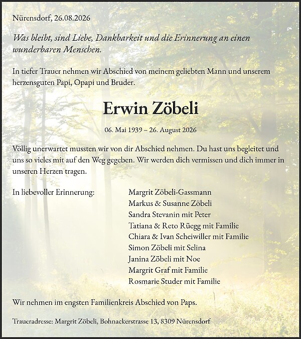 Todesanzeige von Erwin Z&ouml;beli