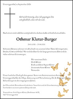 Avis de d&eacute;c&egrave;s Othmar Kloter-Burger, Untersiggenthal