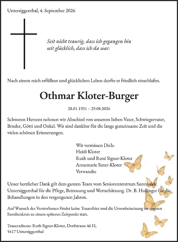 Avis de d&eacute;c&egrave;s de Othmar Kloter-Burger, Untersiggenthal