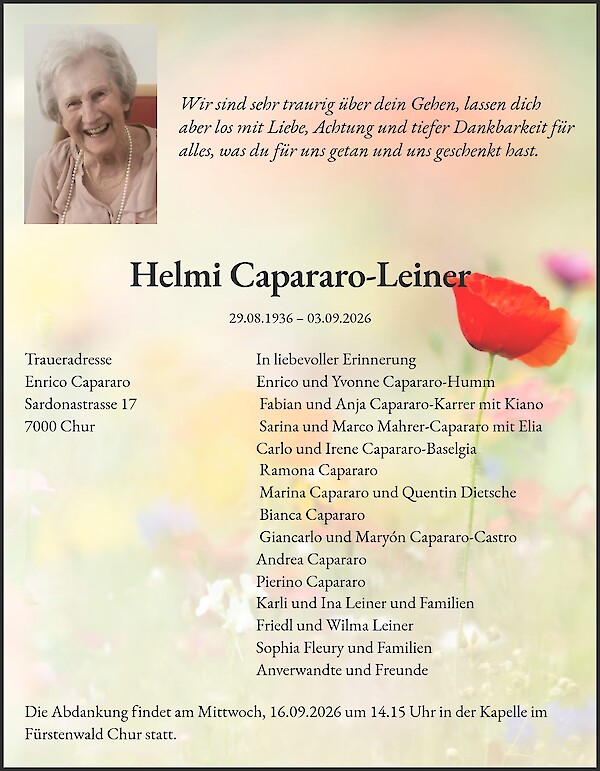 Avis de d&eacute;c&egrave;s de Helmi Capararo-Leiner