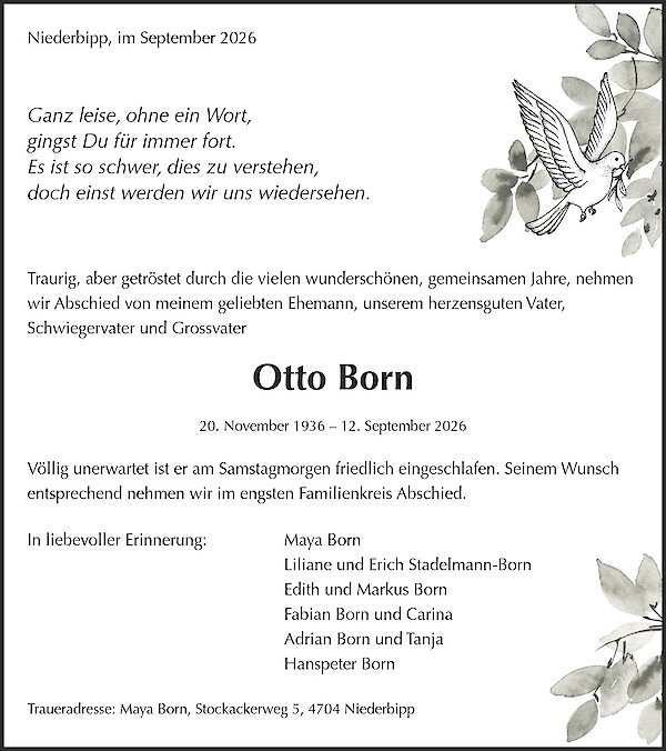 Todesanzeige von Otto Born, Niederbipp