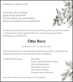 Avis de d&eacute;c&egrave;s Otto Born, Niederbipp
