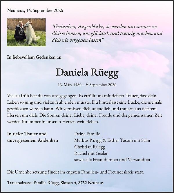 Avis de d&eacute;c&egrave;s de Daniela R&uuml;egg