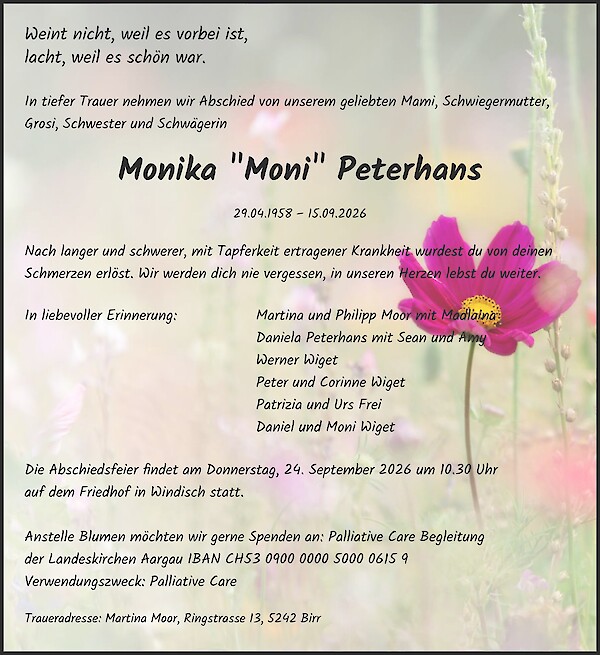 Avis de d&eacute;c&egrave;s de Monika "Moni" Peterhans, Windisch