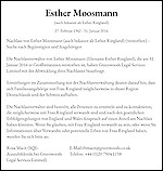 Avis de d&eacute;c&egrave;s Esther Moosmann, Bushey, UK