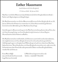Avis de d&eacute;c&egrave;s Esther Moosmann, Bushey, UK
