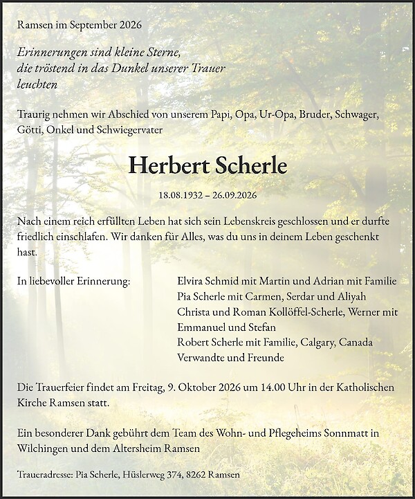 Avis de d&eacute;c&egrave;s de Herbert Scherle