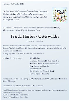 Avis de d&eacute;c&egrave;s Frieda Horber - Osterwalder