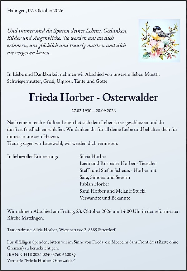Avis de d&eacute;c&egrave;s de Frieda Horber - Osterwalder