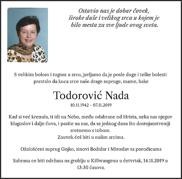 Necrologio Todorović Nada, Killwangen