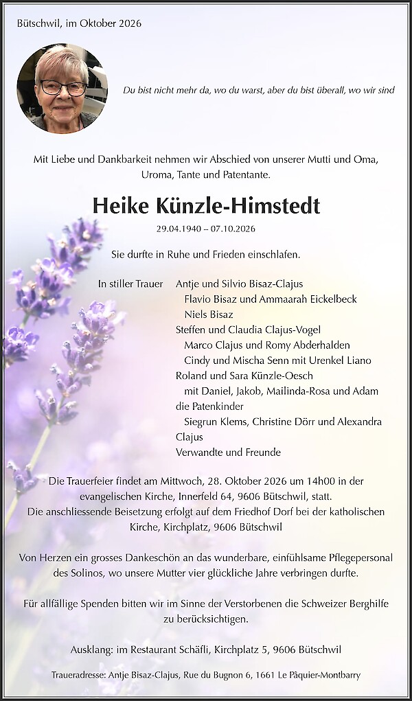 Avis de d&eacute;c&egrave;s de Heike K&uuml;nzle-Himstedt