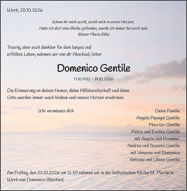 Avis de d&eacute;c&egrave;s de Domenico Gentile