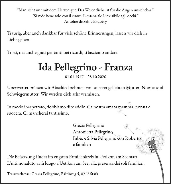 Avis de d&eacute;c&egrave;s de Ida Pellegrino - Franza