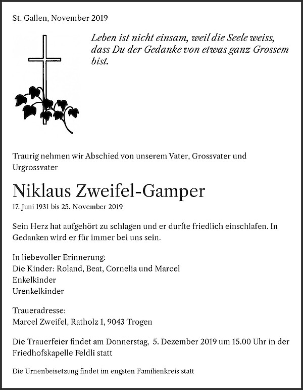 Avis de décès de Niklaus Zweifel-Gamper, St. Gallen