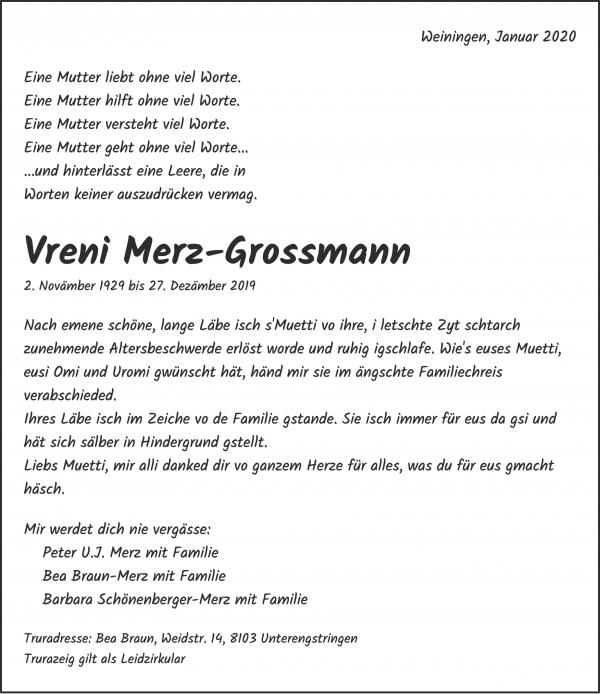 Avis de décès de Vreni Merz-Grossmann, Weiningen