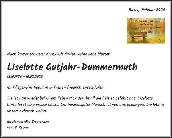 Avis de décès de Liselotte Gutjahr-Dummermuth, Riehen