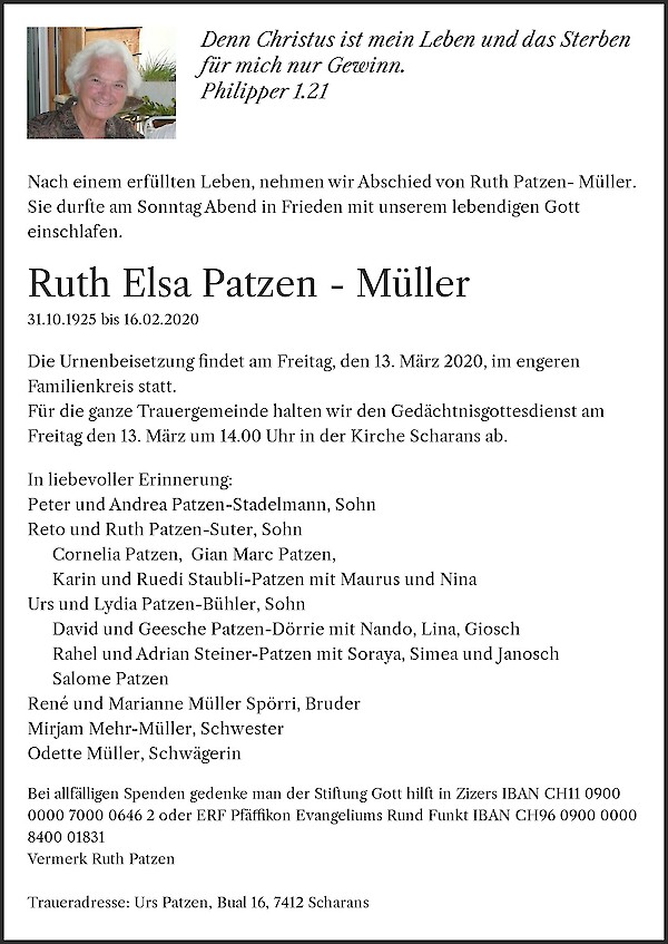 Avis de décès de Ruth Elsa Patzen - Müller, Pflege- und Altersheim Thusis