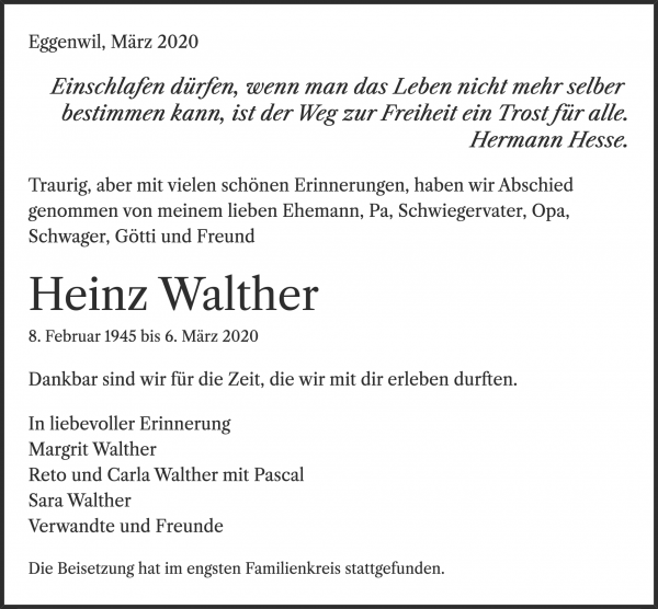 Obituary Heinz Walther, Eggenwil