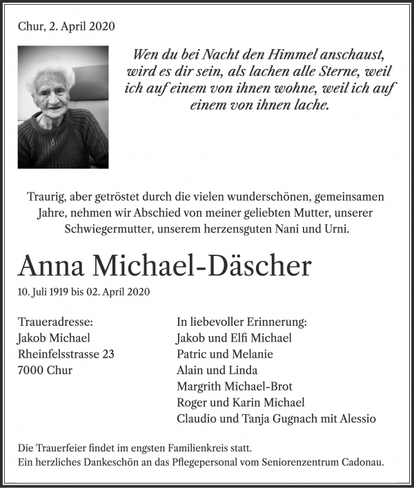 Avis de décès de Anna Michael-Däscher, Chur