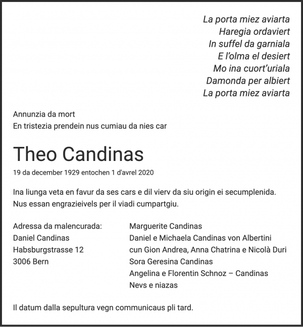 Avis de décès de Theo Candinas, Surrein