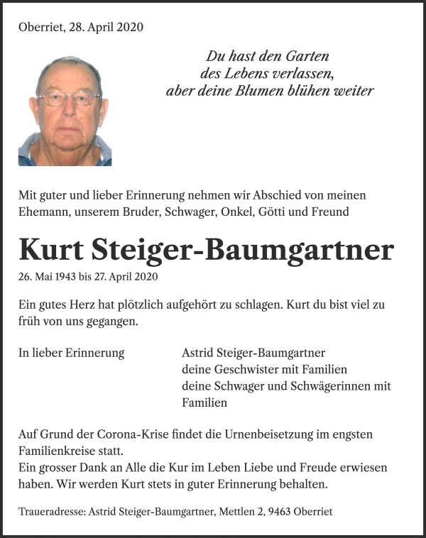 Avis de décès de Kurt Steiger-Baumgartner, Oberriet