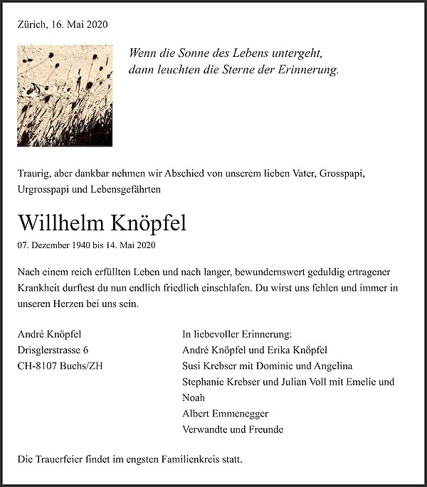 Avis de décès de Willhelm Knöpfel, Wald