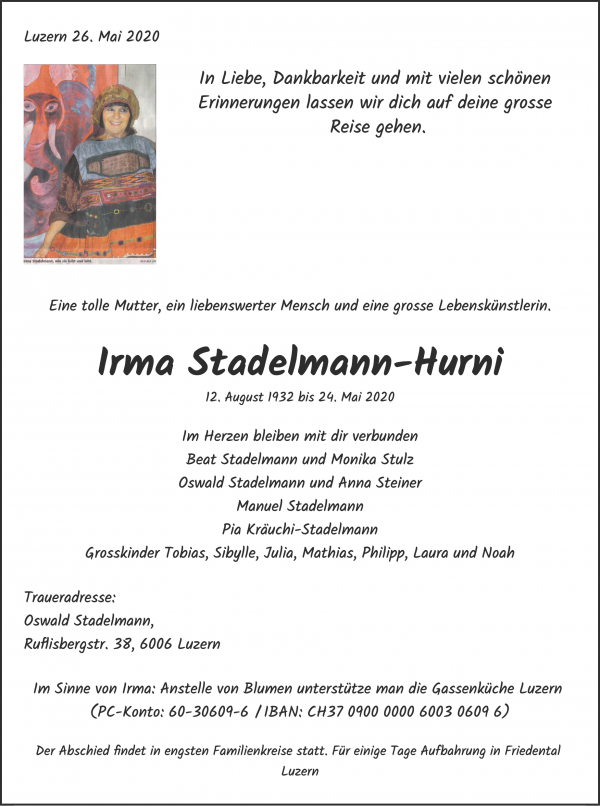 Avis de décès de Irma Stadelmann-Hurni, Emmenbrücke