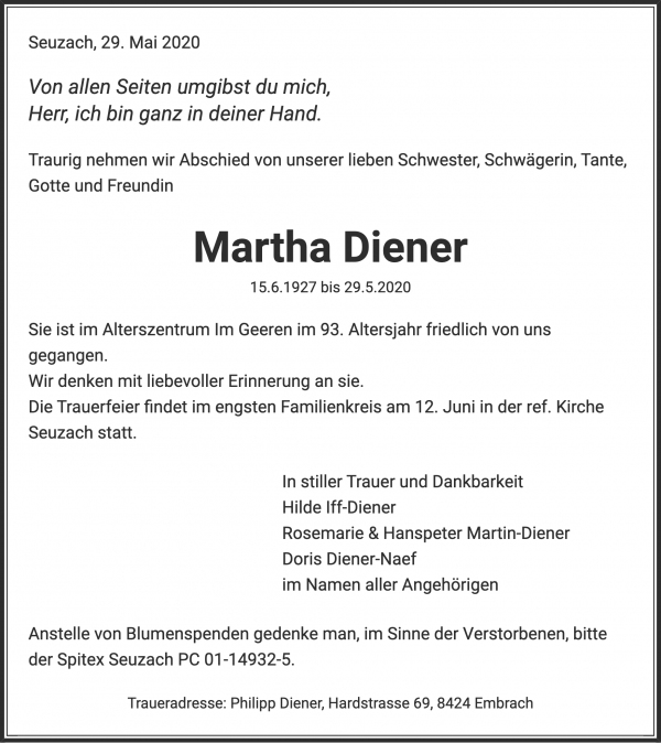 Obituary Martha Diener, Seuzach