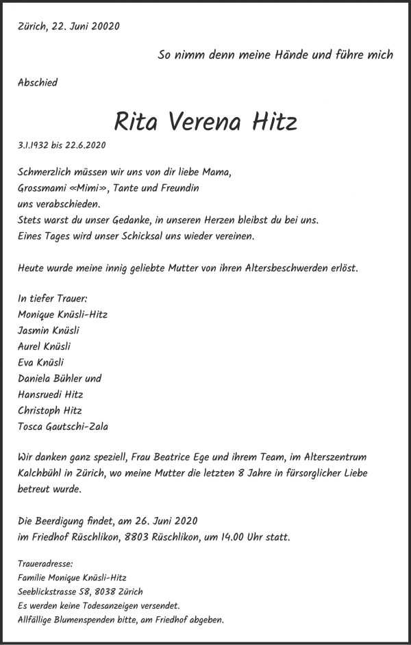 Avis de décès de Rita Verena Hitz, Zürich