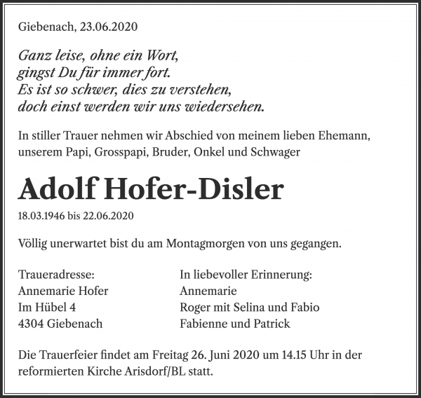 Obituary Adolf Hofer-Disler, Giebenach