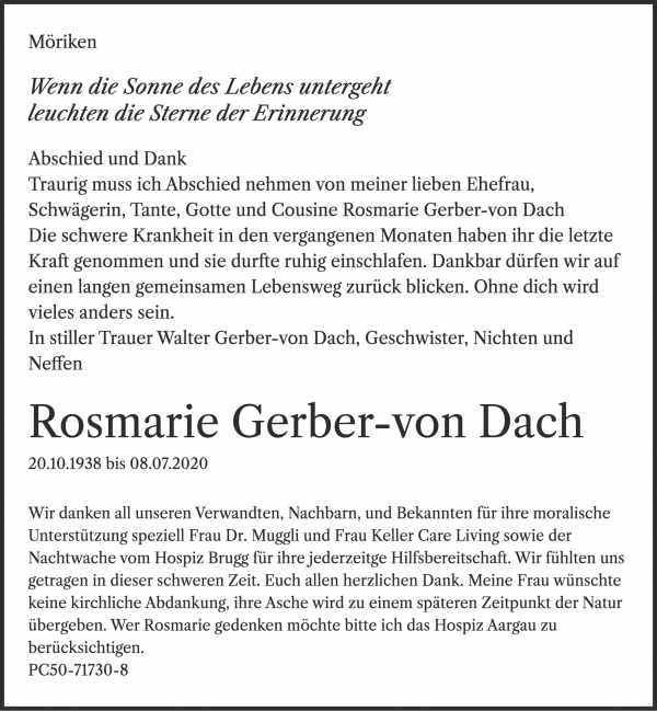 Necrologio Rosmarie Gerber-von Dach, Möriken