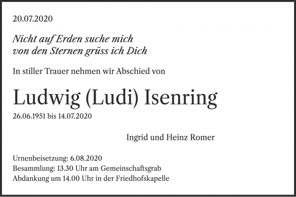 Necrologio Ludwig (Ludi) Isenring, Rüti