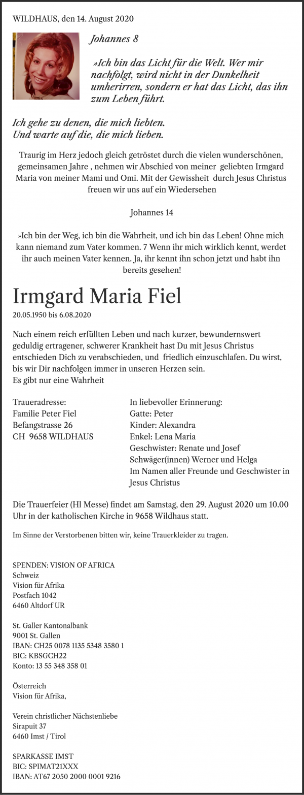 Obituary Irmgard  Maria Fiel, Wildhaus