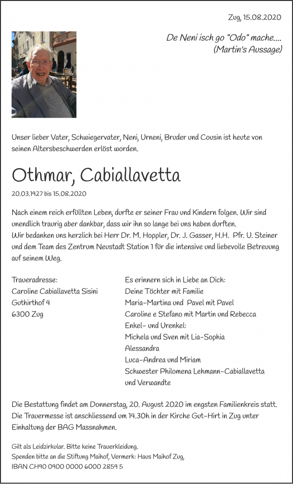 Necrologio Othmar, Cabiallavetta, Zug